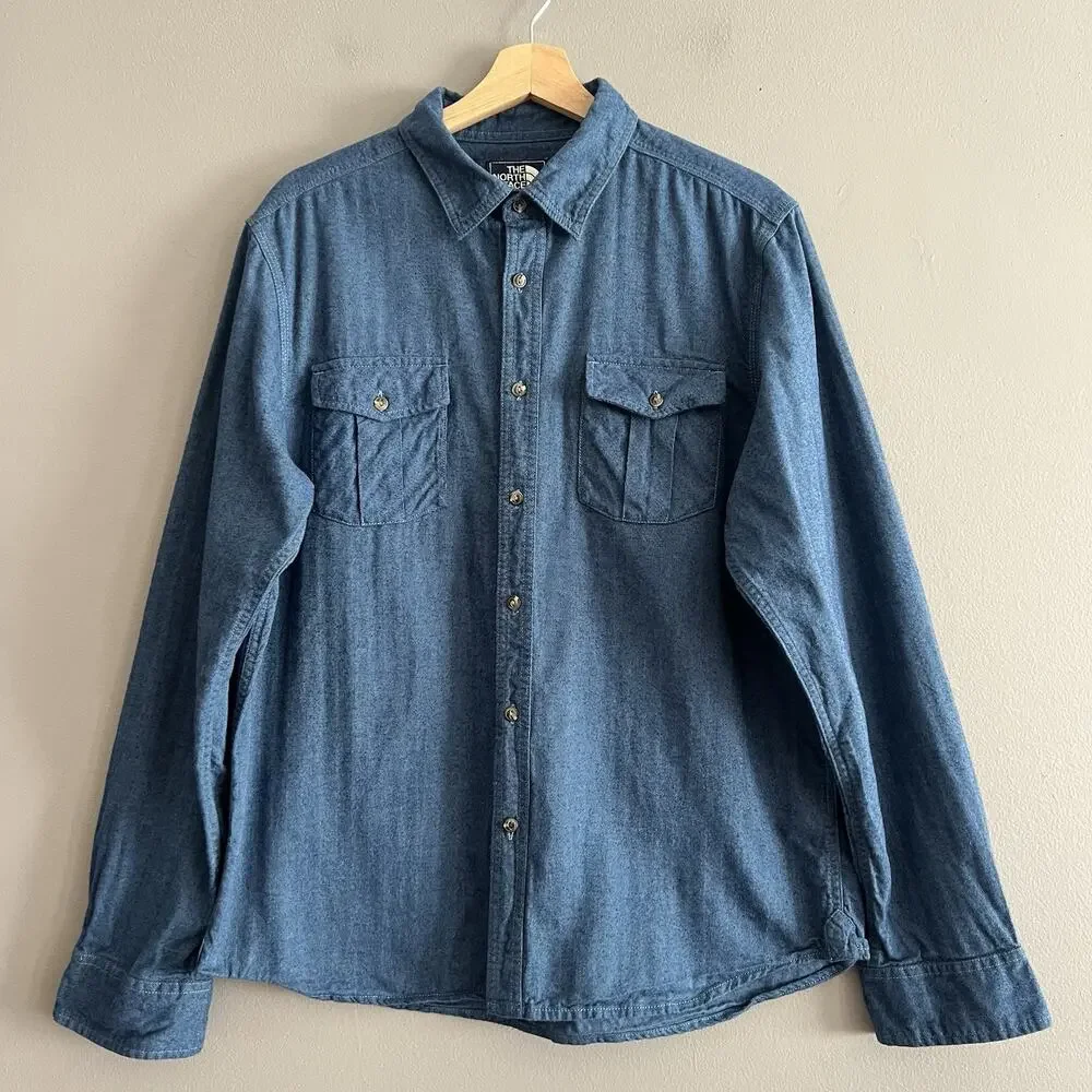 The North Face Shirt Mens Long Sleeve Pockets Button Front Western Cowboy Blue L